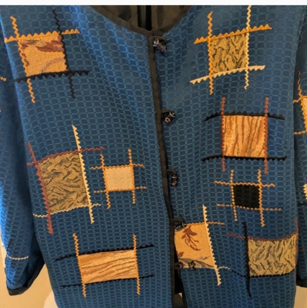 Vintage Allure Blue Patchwork Wearable Art Jacket Size 18/20